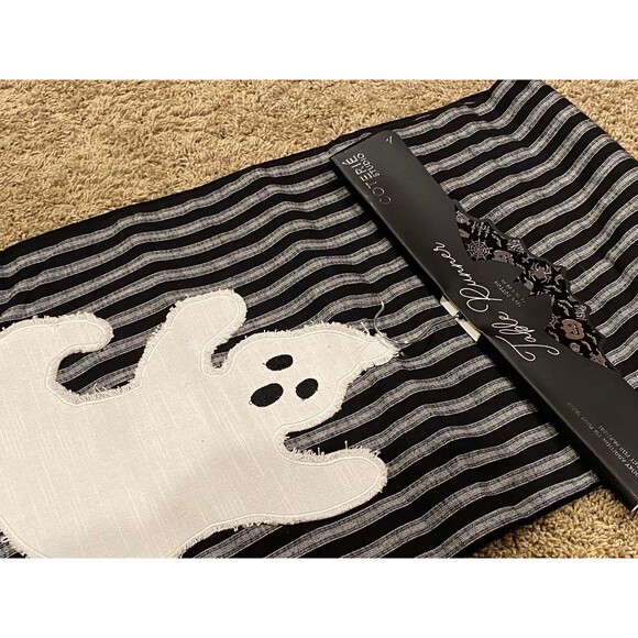 Coterie Halloween 16 x 80 in Table Runner Black Striped Ghost Embroidered Cotton - Picture 5 of 5
